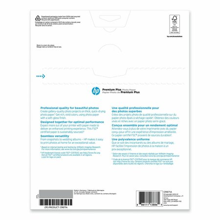 Hp Premium Plus Photo Paper, 11.5 mil, 8.5 x 11, Soft-Gloss White, PK25 CR671A